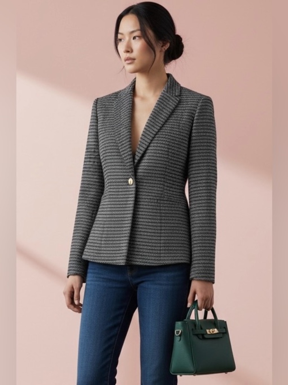 Tahari ASL Black White Boucle Shawl Collar Blazer Gold Button Workwear Jacket| 6